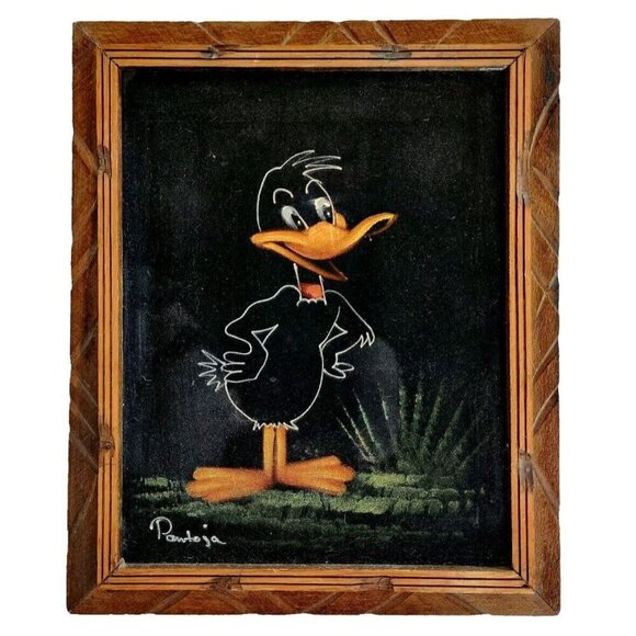 Daffy Duck Pantoja Original Signed Painting Velvet Framed c1970s 16.5x13.5" SS - Picture 2 of 6